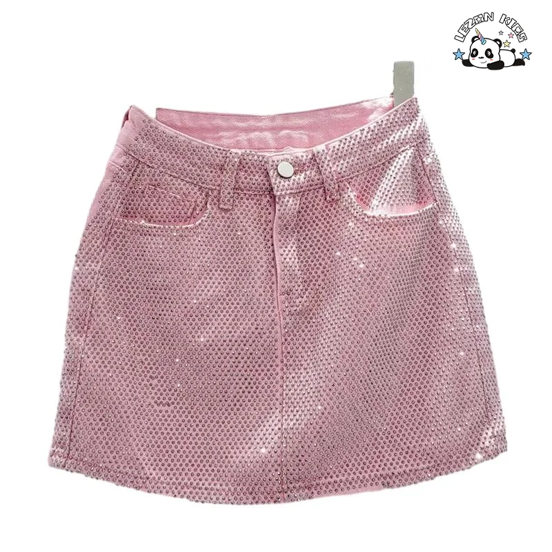 LEZONKIDS - Saia jeans personalizada com novos cristais pesados, estilo A-line, cintura alta e curta para meninas